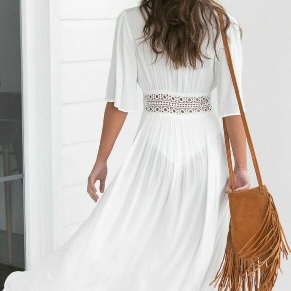 Women's Bathing Suit Cover Up Lace Boho Beach Maxi Summer Bikini Sundress Dress - Picture 2 of 5